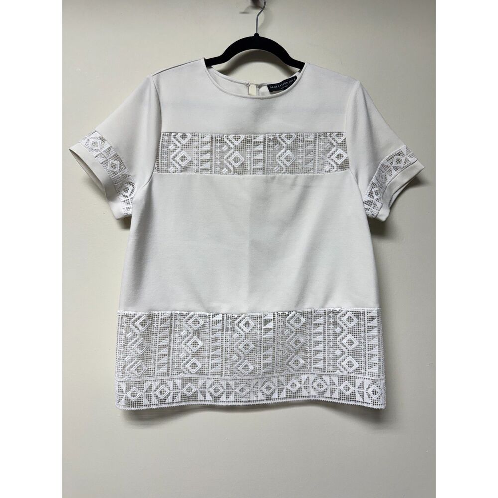 GENERATION LOVE Ivory Short Sleeve Blouse Lace Inserts, Keyhole Back, Sz M